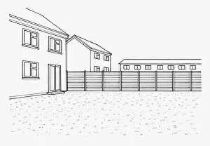 Lawn Collection: Black and white illustration of lawn and fence in domestic garden