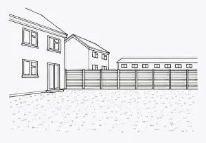 Front Or Back Yard Prints: Black and white illustration of lawn and fence in domestic garden