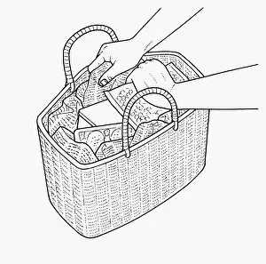 Black and white illustration of lining shopping basket with crumpled newspaper to insulate food as i