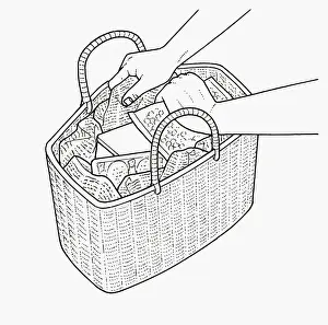Resourceful Prints: Black and white illustration of lining shopping basket with crumpled newspaper to insulate food as i