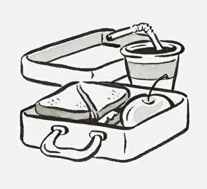 Images Dated 15th April 2010: Black and white illustration of a lunch box and soft drink