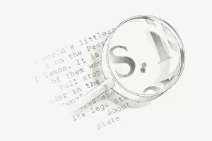 Western Script Gallery: Black and white Illustration of a magnifying glass held over a section of text from a wildlife book with a tiny spider visible