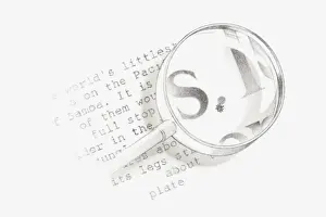 Optical Instrument Prints: Black and white Illustration of a magnifying glass held over a section of text from a wildlife book with a tiny spider