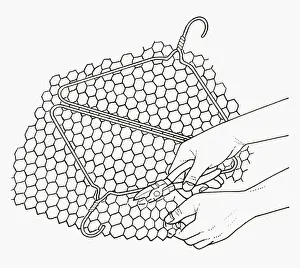 Preparing Food Prints: Black and white illustration of making hinged wire barbecue rack from coathanger and wire mesh