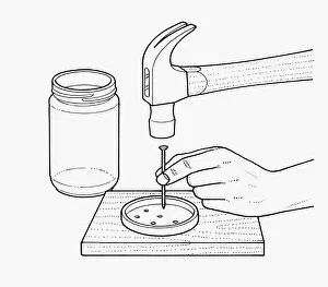 Black and white illustration of making holes in metal lid using hammer and nail