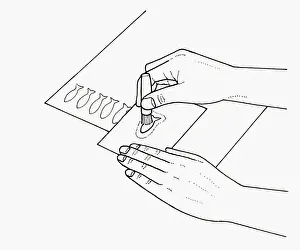 Stencil Prints: Black and white illustration of making place card using fish stencil