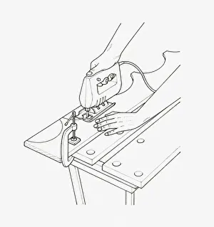 Carpentry Prints: Black and white illustration of man using jig saw to cut shapes in wood