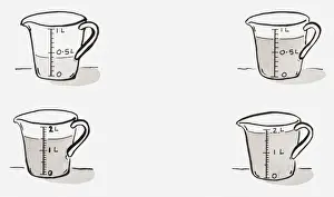 Liquid Prints: Black and white illustration of four measuring jugs filled to different levels