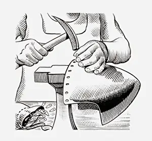 Work Helmet Prints: Black and white illustration of medieval armourer making helmet
