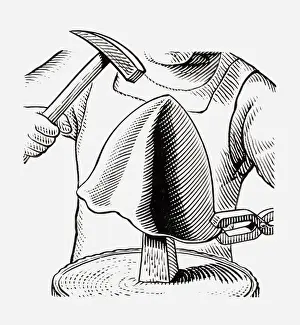Work Helmet Prints: Black and white illustration of medieval armourer making helmet