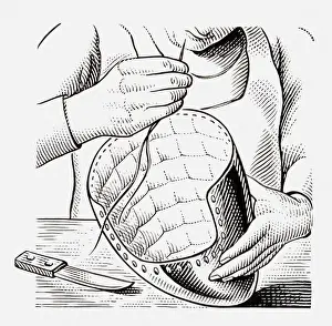 Work Helmet Prints: Black and white illustration of medieval armourer making helmet