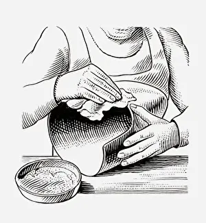Polishing Prints: Black and white illustration of medieval armourer polishing helmet