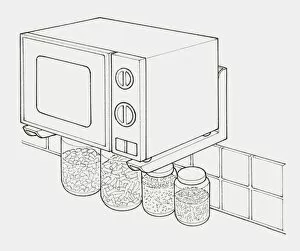 Black and white illustration of microwave mounted on wall with metal brackets, and jars of food underneath