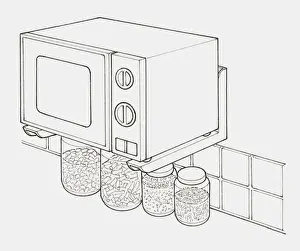 Domestic Kitchen Prints: Black and white illustration of microwave mounted on wall with metal brackets