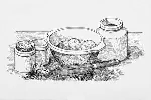 Black and white illustration of mixing bowl, wire whisk, and airtight jars