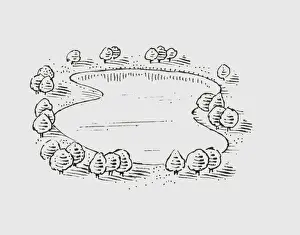 Surrounding Prints: Black and white illustration of of trees surrounding a lake