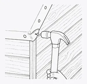 Black and white illustration of of using hammer to nail felt roofing on eaves of garden shed