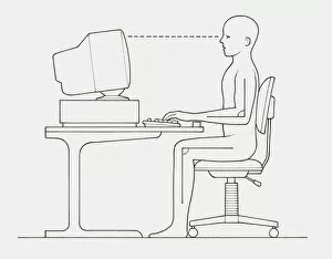 Images Dated 22nd January 2010: Black and white illustration of office worker positioned at computer with back straight