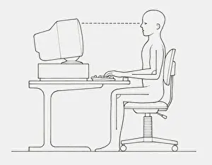 Posture Prints: Black and white illustration of office worker positioned at computer with back straight and wrists and feet supported