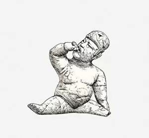 Black and white illustration of Olmec baby, found in Las Bocas, Mexico