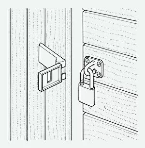 Images Dated 28th September 2009: Black and white illustration of open padlock on shed
