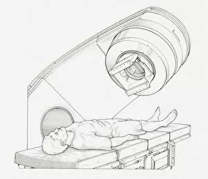 Hospital Collection: Black and white illustration of a patient undergoing radiation therapy