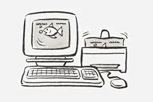 Printing Prints: Black and white illustration of a personal computer with fish shown on the screen