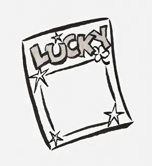 Chance Prints: Black and white illustration of piece of paper with the word lucky written at the top