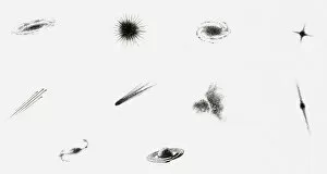Images Dated 8th April 2010: Black and white illustration of planets, stars, comets