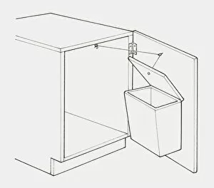 Black and white illustration of plastic waste bin mounted on the inside of a cupboard door