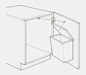 Door Prints: Black and white illustration of plastic waste bin mounted on the inside of a cupboard door