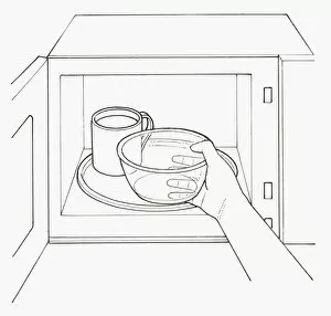 Images Dated 1st October 2009: Black and white illustration of positioning empty glass bowl in microwave next to mug full of water