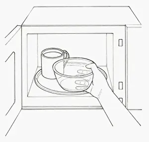 Black and white illustration of positioning empty glass bowl in microwave next to mug full of water