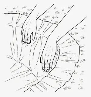 Black and white illustration of positioning pond liner in hole