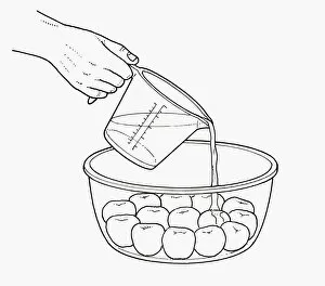 Images Dated 1st October 2009: Black and white illustration of pouring fruit liqueur on poached apricots in glass bowl