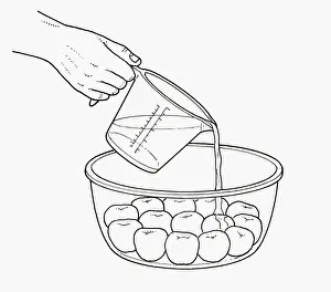 Liqueur Prints: Black and white illustration of pouring fruit liqueur on poached apricots in glass bowl
