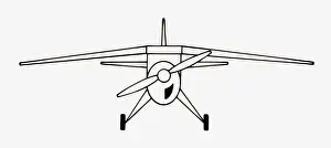 Black and white illustration of propeller aircraft with high-set anhedral (downward sloping) wings