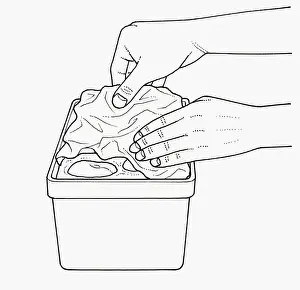 Storage Prints: Black and white illustration of putting crumpled paper on cooked fruits to keep them below the surfa