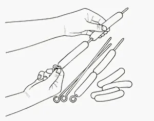 Sausage Prints: Black and white illustration of putting hot dog sausages on skewer