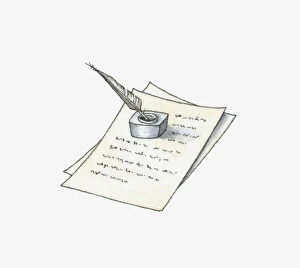 Black and white illustration of quill pen and ink well on handwritten document