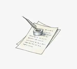 Quill Prints: Black and white illustration of quill pen and ink well on handwritten document