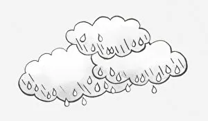 Raindrop Gallery: Black and white illustration of rain clouds and raindrops
