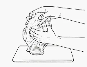 Preparing Food Prints: Black and white illustration of raw chicken on tin can filled with wine to add flavour