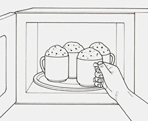 Froth Gallery: Black and white illustration of removing mug of frothy milk from microwave