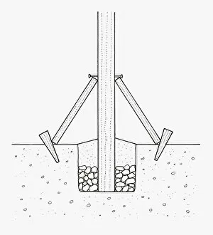 Black and white illustration of repositioned and repaired wooden post using supports, hardcore and c