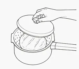 Preparing Food Prints: Black and white illustration of reviving stale loaf of bread by steaming in colander in saucepan