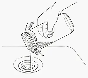 Resourceful Prints: Black and white illustration of rinsing mung beans with water through muslin on top of jar
