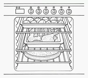 Black and white illustration roast dinner cooking in oven