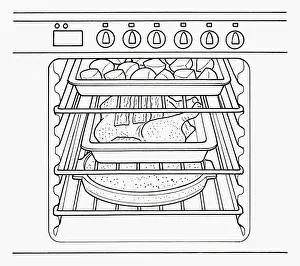 Dessert Prints: Black and white illustration roast dinner cooking in oven