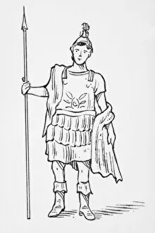 Black And White Illustration Gallery: Black and white illustration of Roman God Mars holding spiculum